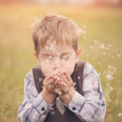 boy blowing dandelion